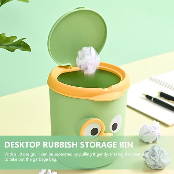 Green Mini Trash Can Cartoon Animal Shape Small Desktop Waste Bin with Lid for Home Office Kitchen Vanity