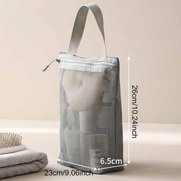 Portable Mesh Shower Caddy, Mesh Shower Bag, Bathroom Organizer with 3 Compartments, Foldable Shower Bag with Handle for Bathroom, Dorm, Gym, Travel