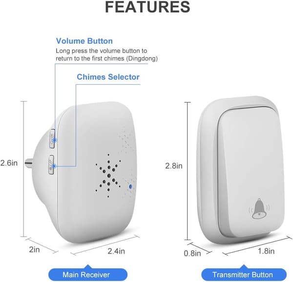Self-Powered Wireless Doorbell, 150m Range Waterproof Button with 38 Ringtones, 4 Volume Levels and LED Light - White