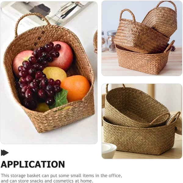 Retro Pastoral Style Storage Basket with Handle, Medium Khaki Seagrass and Iron Home Storage Organizer