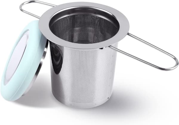 Tesil i rostfritt stål med fällbart handtag, extra fint nätfilter, bryggkorg med lock