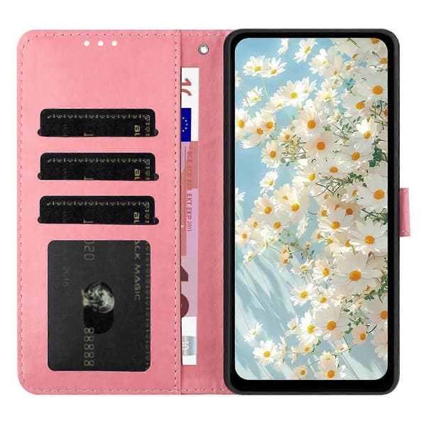 Kompatibel med iPhone 17 Pro Max Läderfodral med präglade prästkragar, plånboksfodral med stativ - Rosa Pink Pink