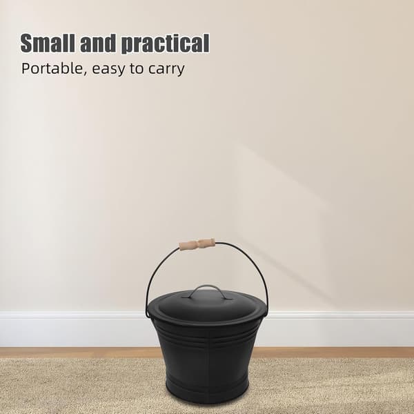 Black Ash Bucket with Lid and Wooden Handle for Coal-Fired Appliances and Fireplace