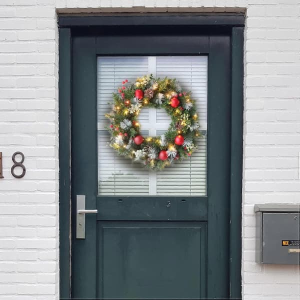16 tommer forbelyst kunstig julekrans, oplyste julekranse til hoveddøren, indendørs udendørs julekrans vinterkrans