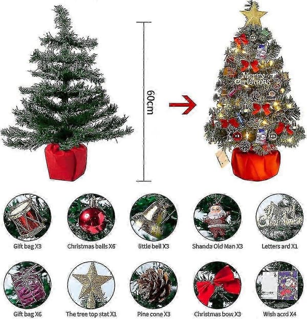 Juletre 60 cm, Kunstig Juletre, Mini Juletre Med Belyst Girlander Og Dekorasjoner