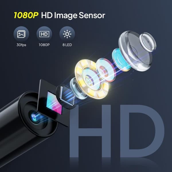 Endoscope Camera, 1080P HD Endoscope, IP67 Waterproof 2.4 Inch IPS Screen Pipe Inspection Camera, 5M Semi-Rigid Cable, 8 Adjustable LED Lights