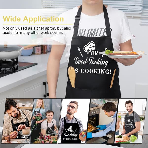 Funny Cooking Apron for Men with Double Pockets, Adjustable Bib Apron for Kitchen, BBQ, Gift, Mr Good Looking Is Cooking, Black