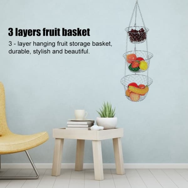 3-Tier Iron Wire Flower Basket, Hanging Vegetable Storage Organizer, Kitchen Accessory