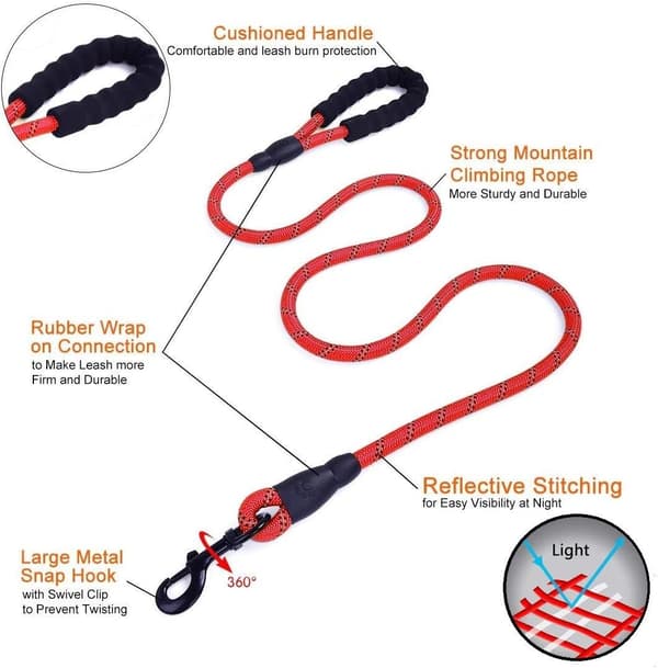 Nylon Dog Leash with Padded Handle and Reflective Light, Strong Pet Leash, Round Rope Reflective Dog Leash Red M