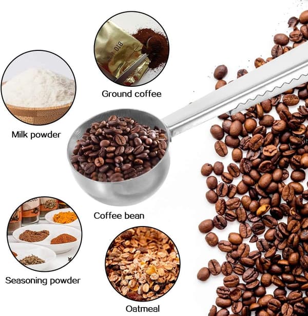 Kaffe måleske forseglingsklemme, rustfrit stål malet kaffe kaffeske med poseforseglingsklemme 2 i 1