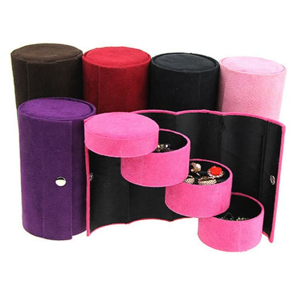 Velvet Jewelry Case, Three-Layer, Cylindrical, Portable Roll-Up Jewelry Box
