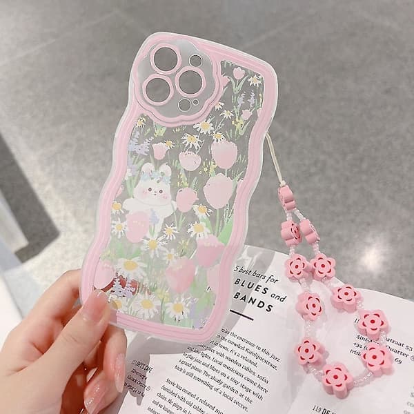 Rabbit Floral Phone Case for iPhone 13 Pro, Transparent TPU Cover with Wrist Strap