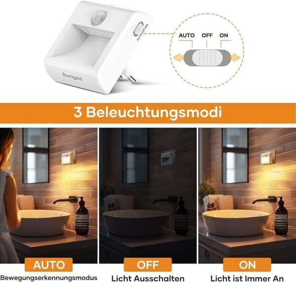 2-pack LED-nattlampa med rörelsesensor och dagsljussensor – dimbar, automatisk på/av, varmvitt ljus för hall, trappa, sovrum, kök