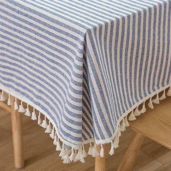 Cotton Linen Tablecloth with Stripes and Tassels, Rectangular, Dustproof Tablecloth for Kitchen, Dining Table, Table Decoration (140 cm x 180 cm, Blue)