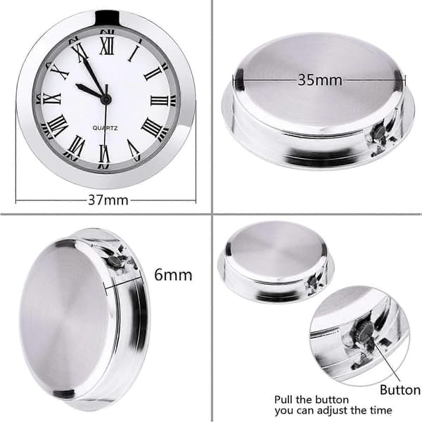 1-1/2 tum (37 mm) Rund Quartz Klockinsats med Romerska Siffror Passar 35 mm Diameter Hål (Silverram)