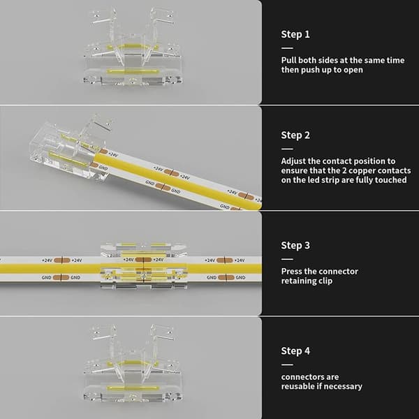 8 mm COB-stik 8 L-formede/hjørnestik, 2 splejsningsstik uden mellemrum til COB LED-strips, IKKE til 10 mm LED-strips