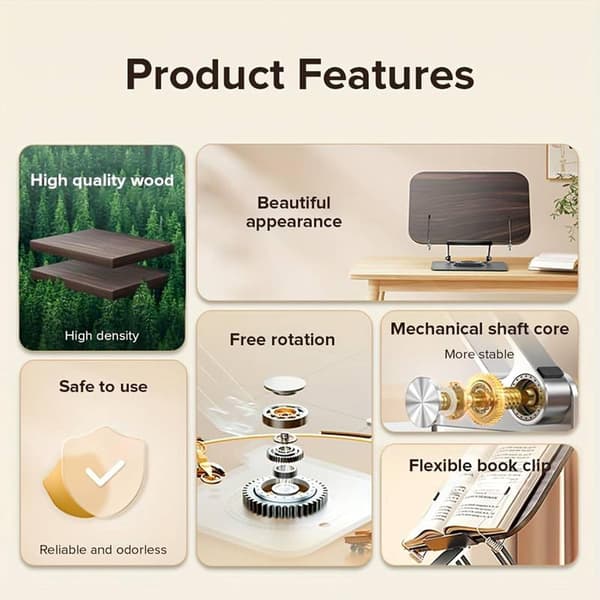 Book Stand for Reading, with 360° Rotatable Base, Foldable Stand, Height Adjustable for Sheet Music, Heavier Books, Laptop