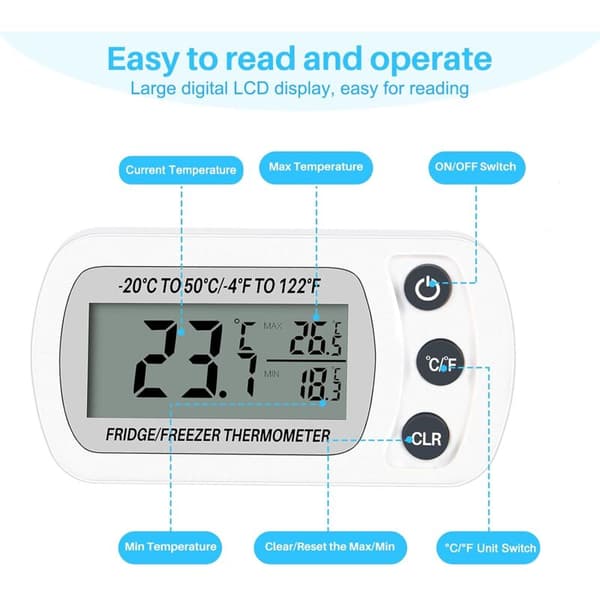 2 stk digitale termometre -20°C til 50°C, med krok, lettlest LCD-temperatur, maksimal og minimal temperaturregistreringsfunksjon (hvit)
