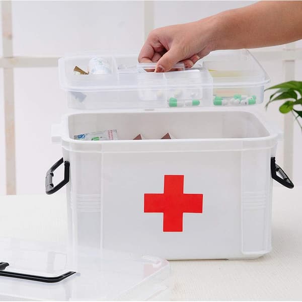Medicine Storage Box, Portable Lockable Plastic Medicine Box, Medicine Container, Multi-layer First Aid Box, White