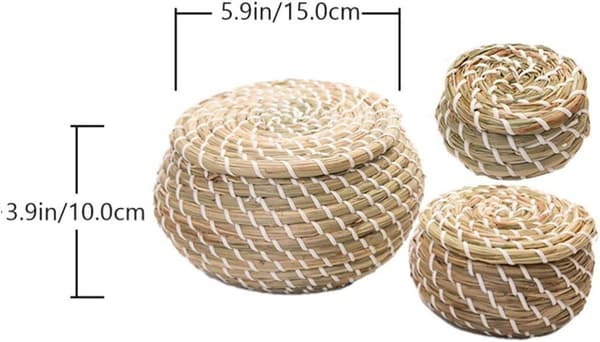 Paket med 3 vävda sjögräs korgar i rotting, runda förvaringskorgar