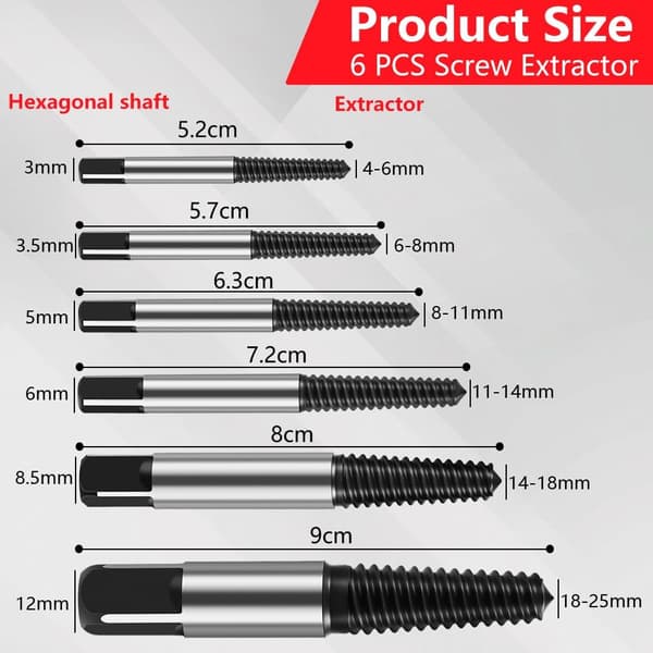 6-piece Screw Extractor Set, Left-Handed Bolt Extractor, for Removing Damaged, Rusted, Stripped, or Broken Screws