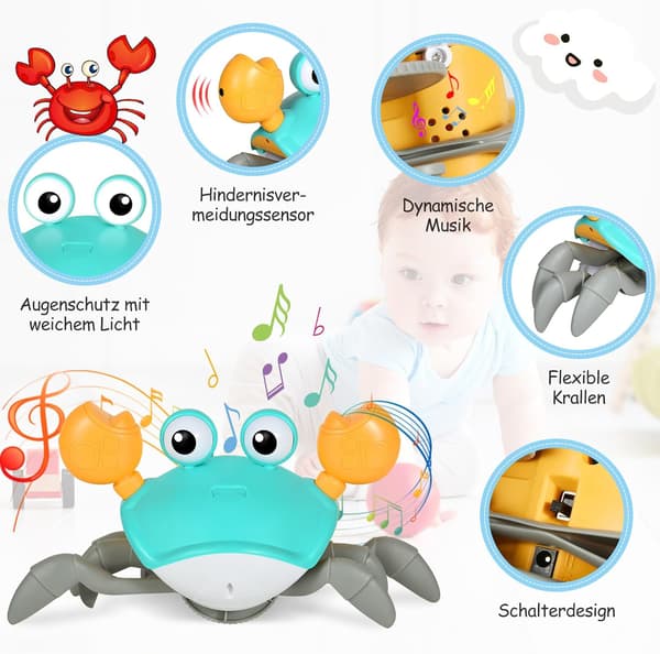 Sensorisk krabbe-legetøj, der flygter, legetøj til 1-årige, kravlelegetøj, USB-genopladeligt, gave til børn fra 6 måneder til 5 år, Blå Blue