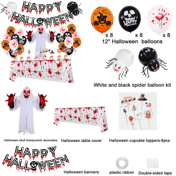 Halloween Dekorationssæt - Sorte orange balloner og Happy Hallo