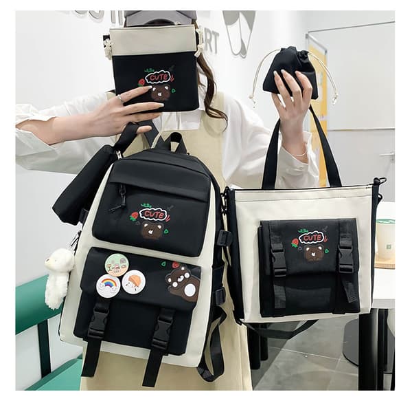Five-Piece School Bag Large Capacity Shoulder Bag Includes Bear Pendant-558 Black