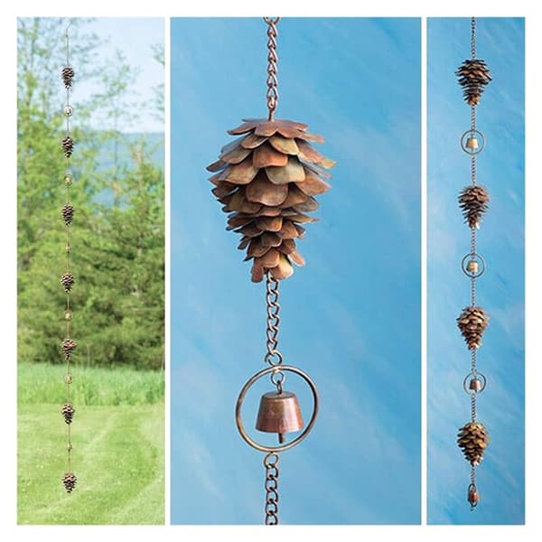 Pine Cone Rain Chain, Decorative Pine Cone Hanging Chain with Antique Graffiti, Metal Iron Bells