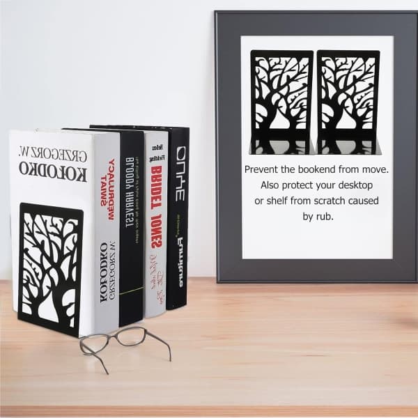 Non-slip Iron Bookends with Tree-shaped Design, Decorative Bookends for Study Room, Kids Room, Classroom, Office, 1 Pair