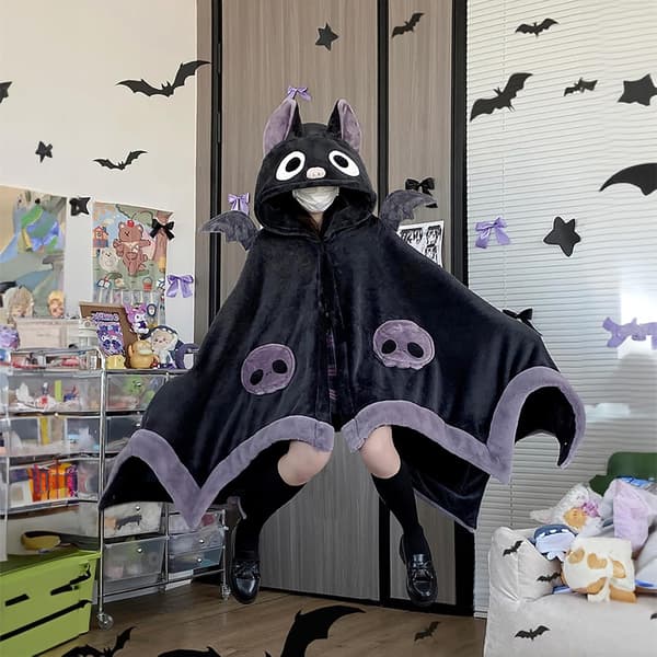 Søt flaggermusteppe-hettegenser, bærbart flaggermusteppe for voksne til Halloween-cosplay, myk flaggermuskappe med hette for kvinner