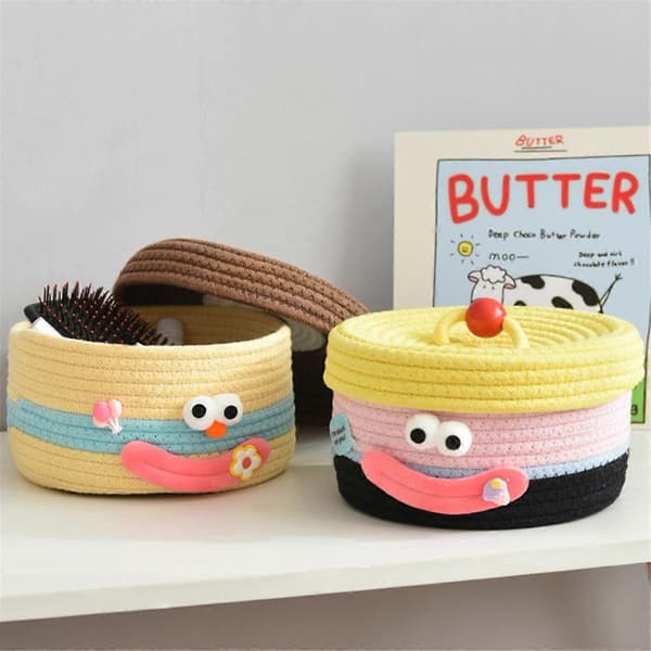 Desktop Storage Basket with Lid Woven Snack Storage Box Coffee Table Living Room Wool Toys Storage