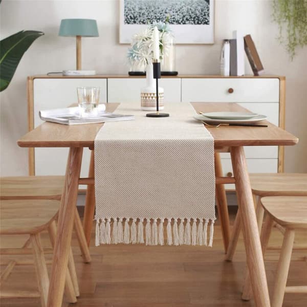 2X Cotton Fringe Table Runner and Woven Decorative Table Runner, Macrame Table for Kitchen Decor 13X70 Inch