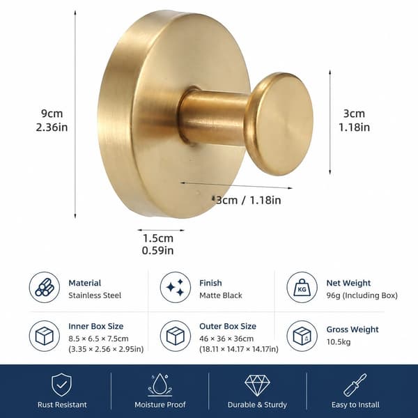Stainless Steel Suction Cup Hook, No Drilling, Traceless, for Kitchen Bathroom, Gold, 1-Pack