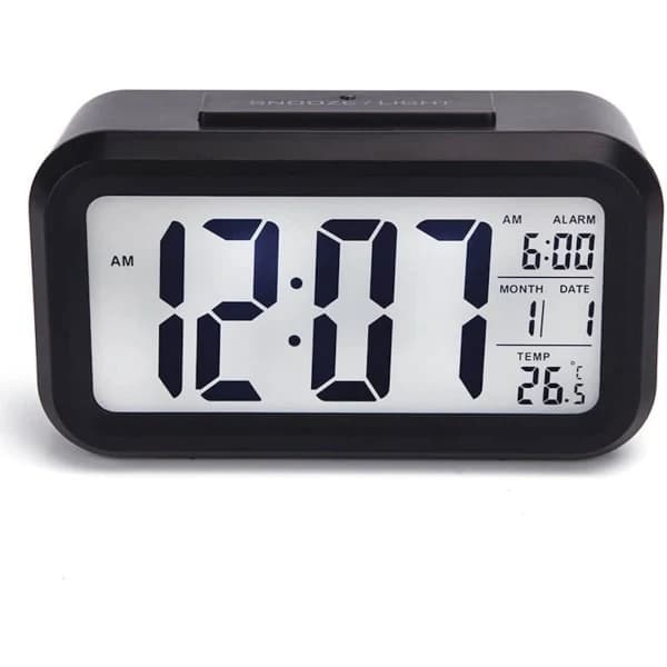 Väckarklocka med LED-display, temperatur, stor LCD-siffra, bakgrundsbelysning, snooze, smart ljussensor för sovrum, hem, kontor och resor, svart...