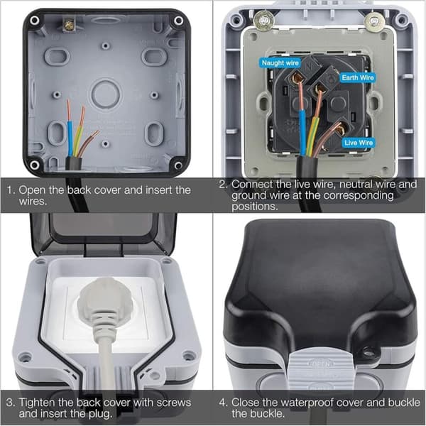 Waterproof Outdoor Wall Socket, IP66 Waterproof Outdoor Socket for Kitchen, Bathroom, Garage, Pool and Garden