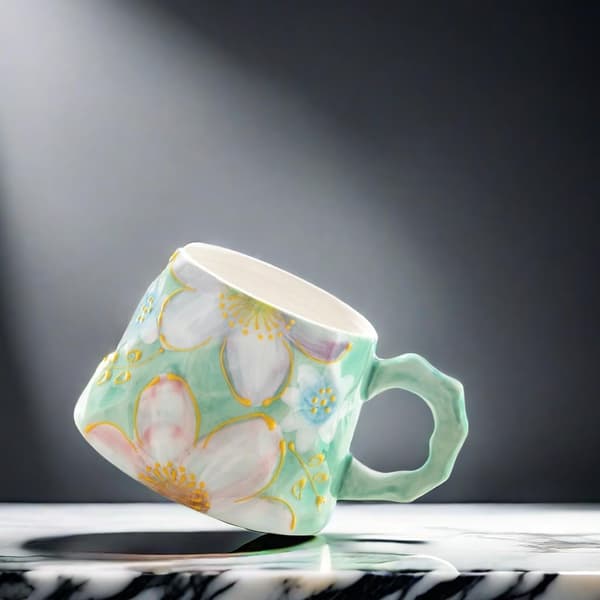 13oz Ceramic Mug, Enlarged and Thickened Breakfast Cup, Suitable for Spring, Summer, Autumn and Winter, Hand-Painted Cup, a Personalized Green Green Green