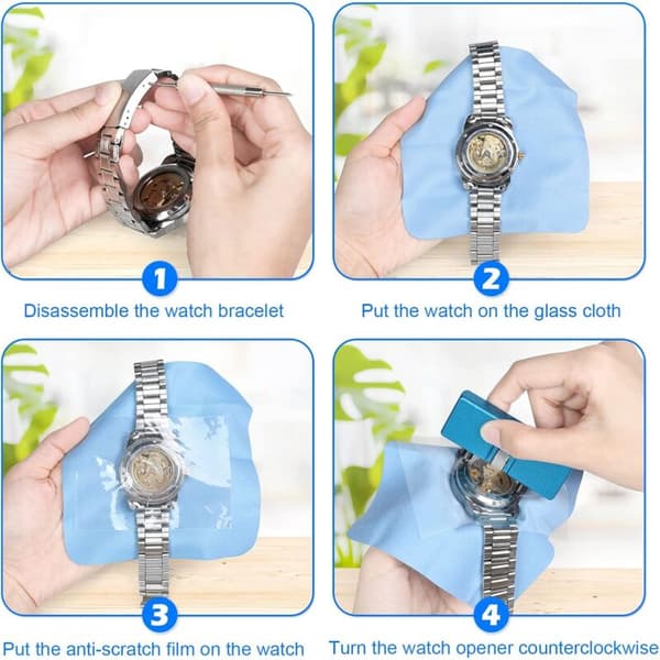 Watch Battery Replacement Kit, Rotating Watch Case Opening Tool, Watch Spring Bar Tool, Anti-Scratch Film, KLB User Manual