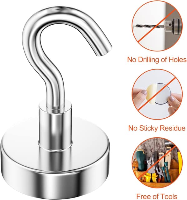 6 Pieces 25MM Magnetic Hook 22KG Pull Force, Removable Powerful Magnetic Hooks, Neodymium Hooks