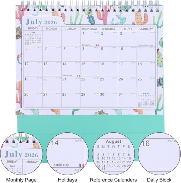 Bordskalender juli 2026 - desember 2027 - Blomsterdesign - Stående kalender med tykt papir