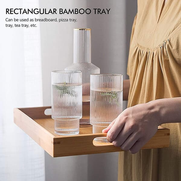 Bamboo Serving Tray, Rectangular Breakfast Tray with Handles Versatile Wooden Tray