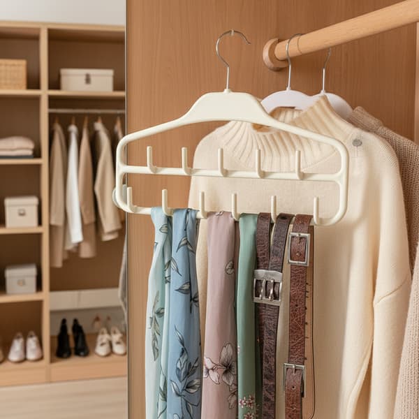 Multi-Hook Clothes Hanger, Space-Saving Organizer for Belts, Scarves, Ties, and Tank Tops, Cream White