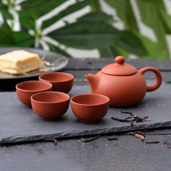 Handmade Antique Purple Clay Teapot with 4 Cups, Ceramic Pu-erh Tea Brewing Pot