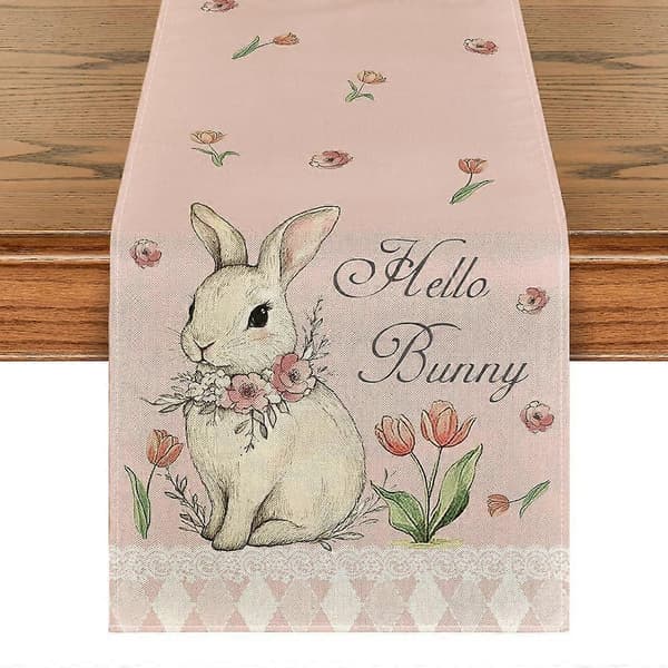 Pink Bunny Eucalyptus Tulips Easter Table Runner 13x72 Inch Spring Floral Kitchen Dining Decor Easter Party Table Decoration (FMY)