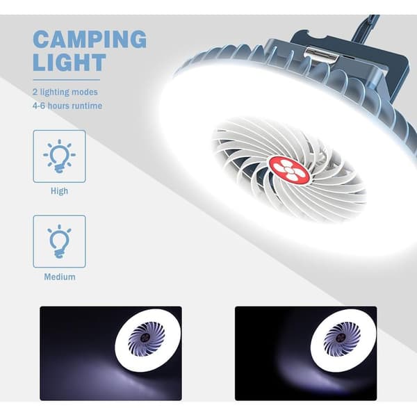 1-delt LED-campinglampe med USB-genopladelig ventilator, campingventilator med lys, teltlygte, tilbehør til udendørs camping