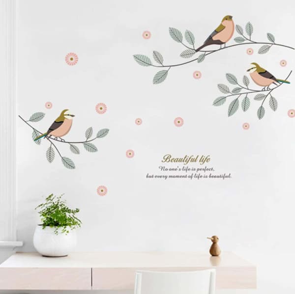 Wall Stickers Three Birds Resting On Branch Flowers Leaves Sticker