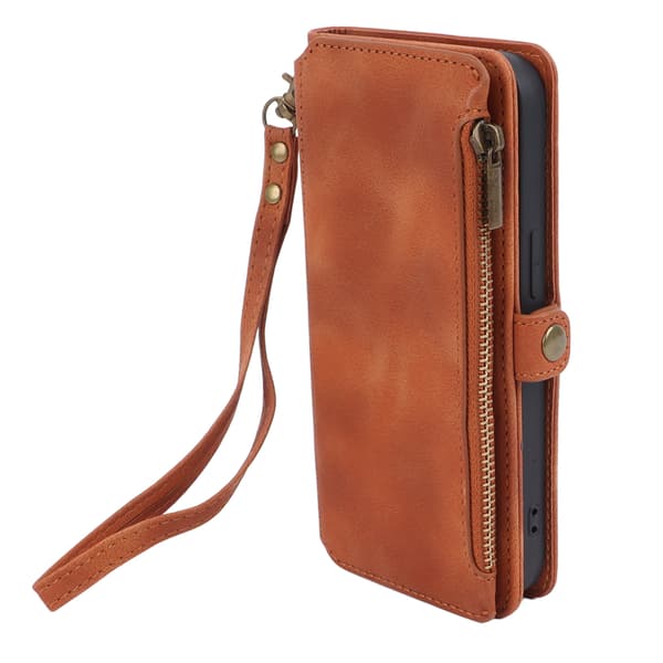 Imitation Leather Phone Case with Wrist Strap, Anti-Fingerprint, Brown, for iPhone, iOS Phone 14