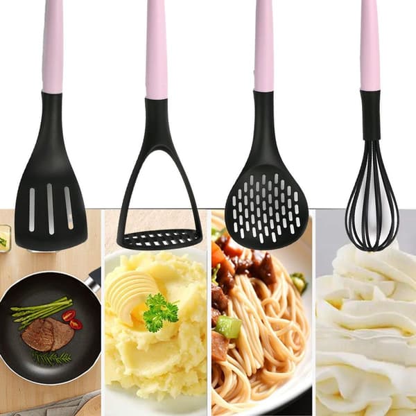 Rosa nylonskje, non-stick stekepanne, spesiell matfilter, stekespade + visp KLB