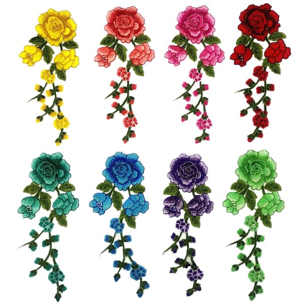 Broderi Patch Varmepåføring, 8 STK Roser Blomster til Strygning Ir
