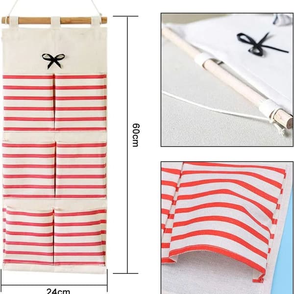 Wall Storage Bag with 6 Mesh Pockets for Hanging on Linen Fabric
